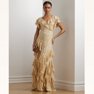 Lauren Ralph Lauren Floral Ruffle Trim Georgette Gown